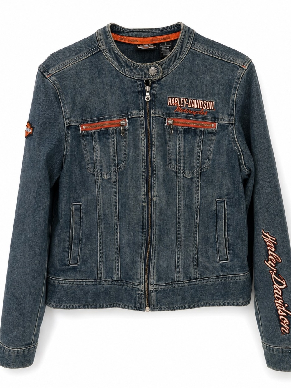 Harley-Davidson Women's Blue Denim Jacket with Orange Accents